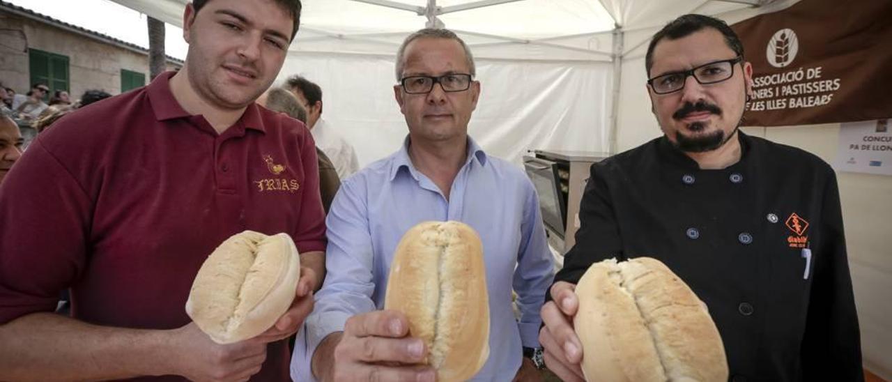 El gerente de los panaderos de Balears, Pep Magraner (centro), muestra un ´llonguet´ junto a otros dos expertos en preparar este pan.