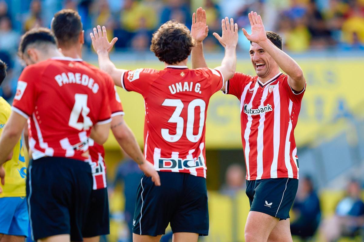 Daniel Vivian of Athletic Club celebrates the goal scored by Saul Coco of Athletic Club during the Spanish league, La Liga EA Sports, football match played between UD Las Palmas and Athletic Club at Estadio Gran Canaria on March 10, 2024, in Las Palmas de Gran Canaria, Spain. AFP7 10/03/2024 ONLY FOR USE IN SPAIN / Gabriel Jimenez / AFP7 / Europa Press;2024;SOCCER;Sport;ZSOCCER;ZSPORT;UD Las Palmas v Athletic Club - La Liga EA Sports;