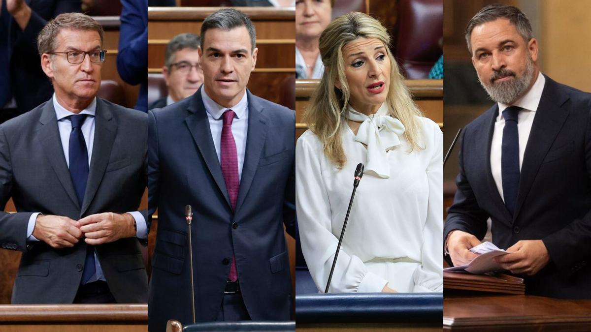 De izda. a dcha., Alberto Núñez Feijóo, Pedro Sánchez, Yolanda Díaz y Santiago Abascal.