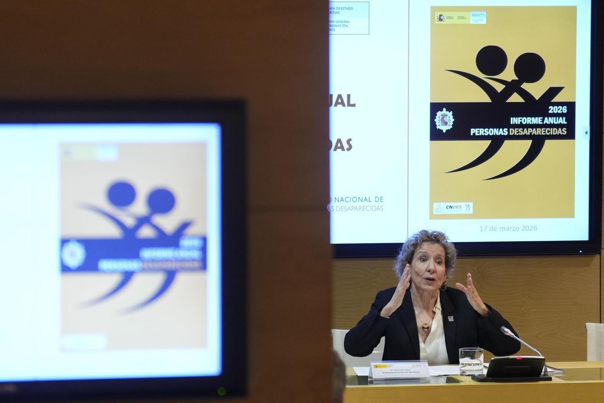 Aina Calvo, secretaria de Estado de Seguridad, durante la presentación del informe anual de personas desaparecidas