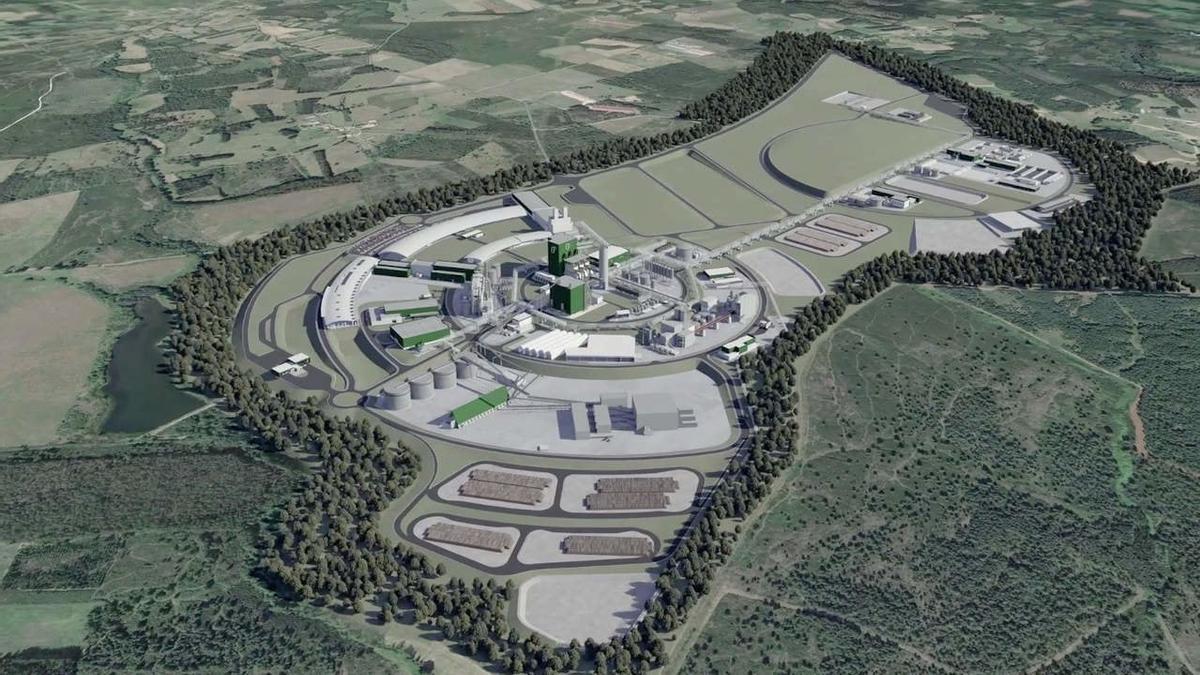 Recreación virtual de la futura planta de Palas de Rei, en Lugo, situada a unos 15 kilómetros del río Ulla