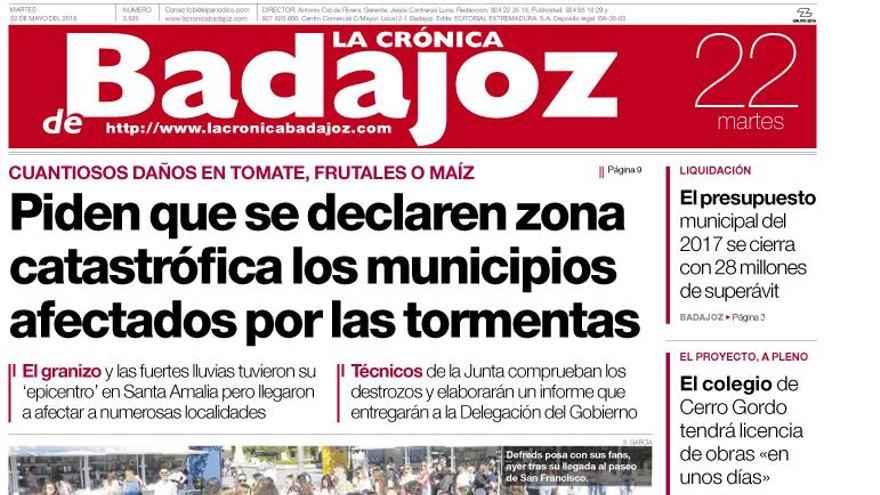 Esta es la portada de LA CRÓNICA DE BADAJOZ correspondiente al día 22 de mayo del 2018