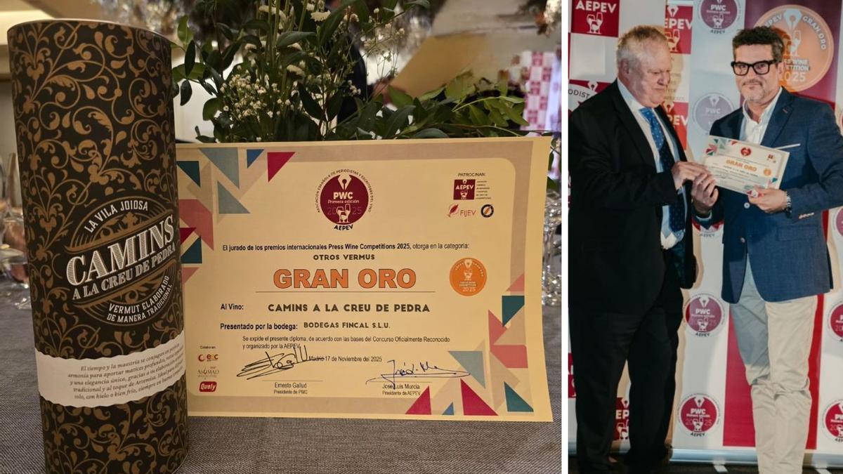 Pedro Juan Sanjuán recogiendo el premio de Gran Oro por el vermú Camins.