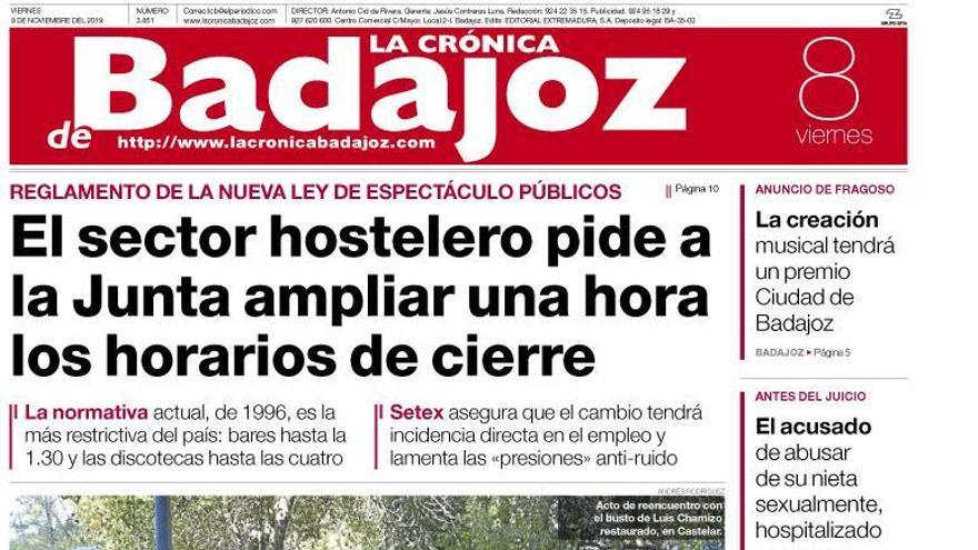 Esta es la portada de LA CRÓNICA DE BADAJOZ correspondiente al día 8 de noviembre del 2019