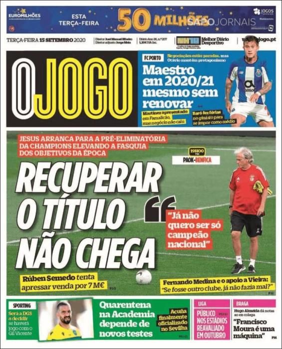 Portada O JOGO martes 15 septiembre 2020