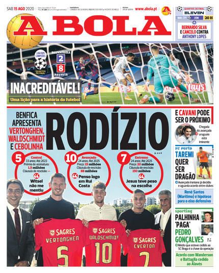 Portada A BOLA sábado 15 agosto 2020