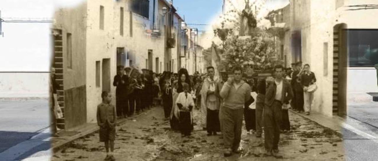 Una procesión de antaño, dentro de una imagen actual de esa misma calle.