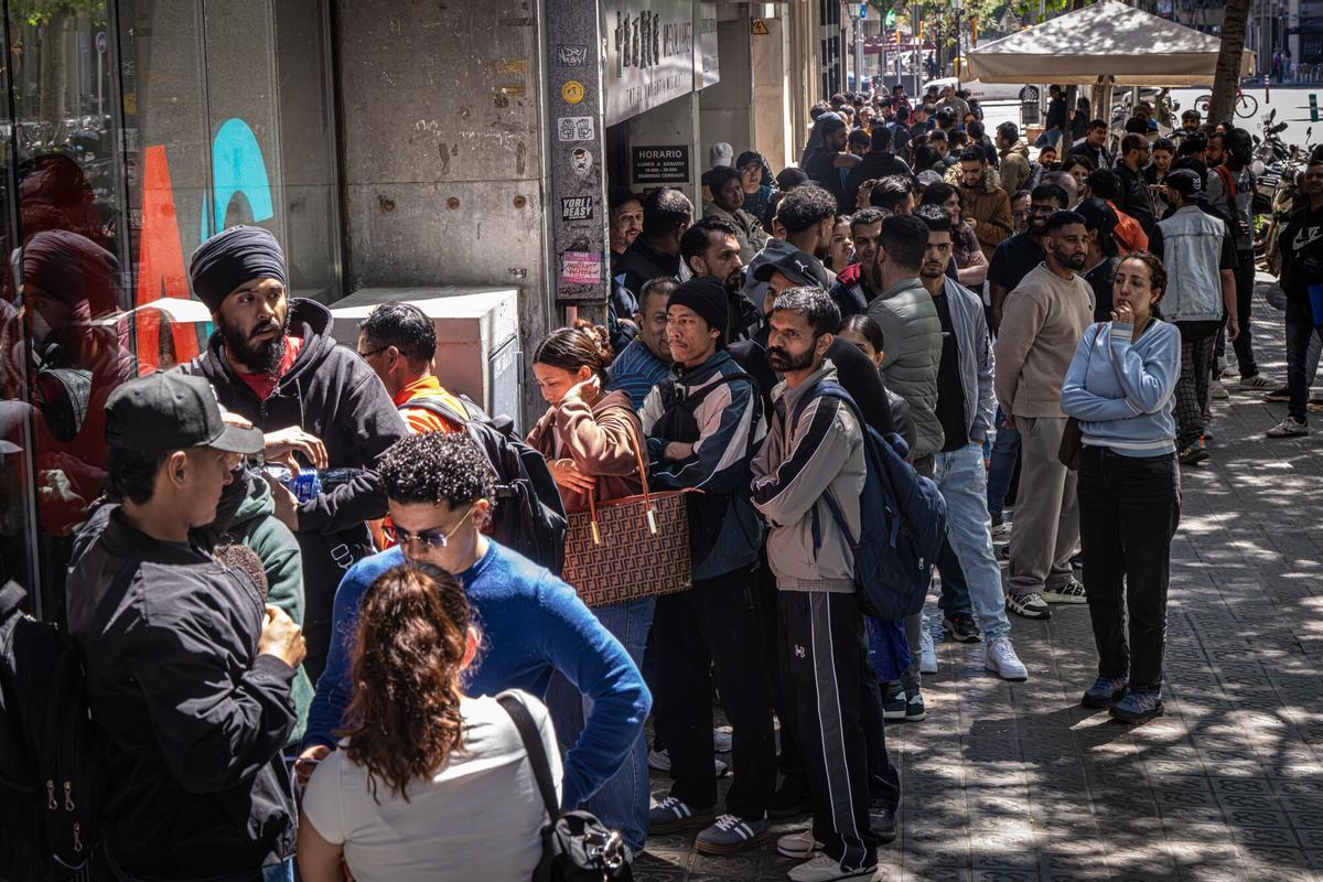 Colas ante la oficina de atención a la ciudadanía de la plaza de Sant Miquel, en Barcelona, este jueves.ntes migrantes por vía telefónica, pero que se prevé que haya colas en oficinas de atención ciudadana de la ciudad OAC, para solicitar el certificado de empadronamiento, que es necesario para su regularización. Colas en OAC monumental, calle sicilia 216. AUTOR: MANU MITRU