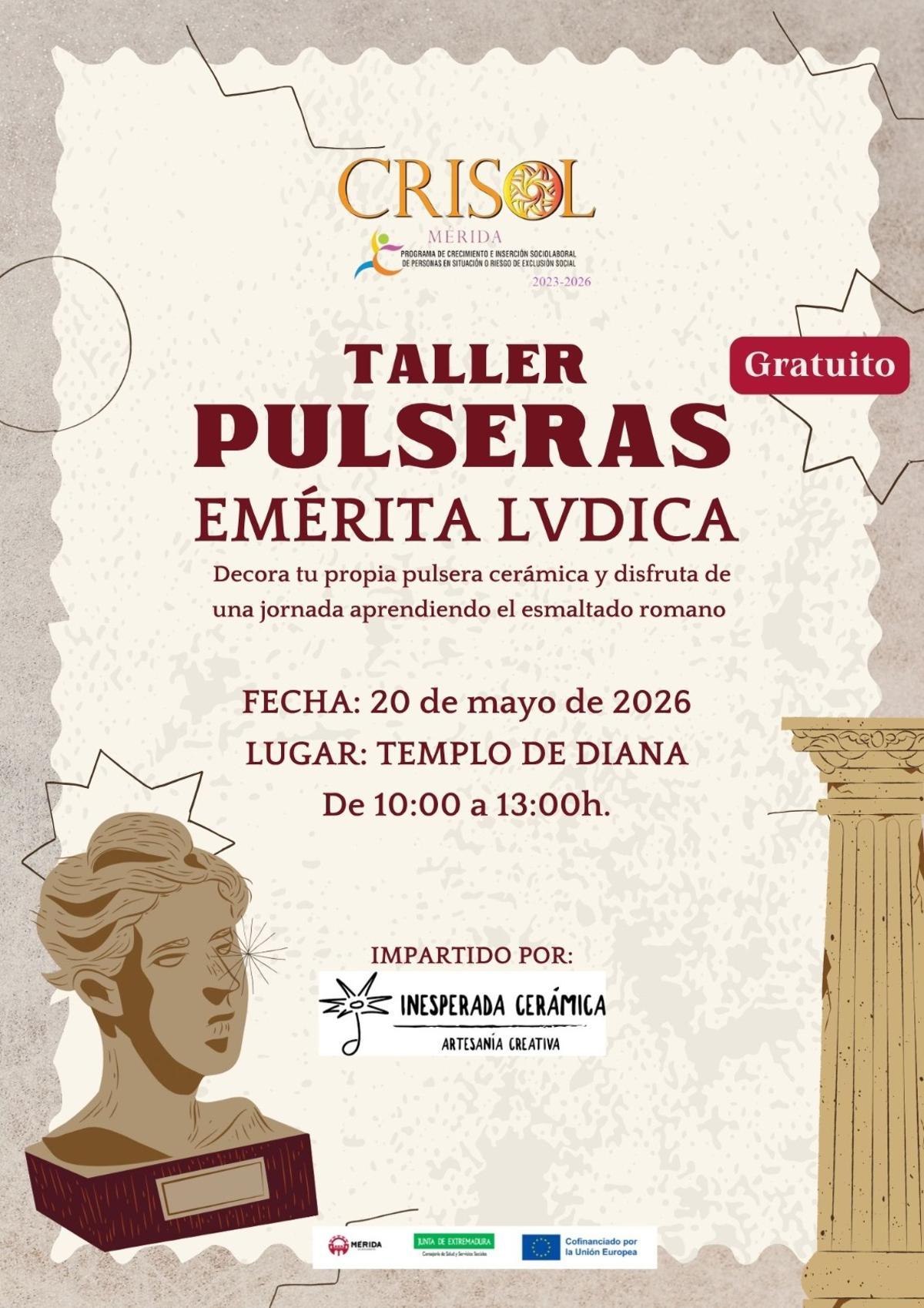 Cartel del taller gratuito de pulseras de Emerita Lvdica organizado por el Programa CRISOL Mérida.