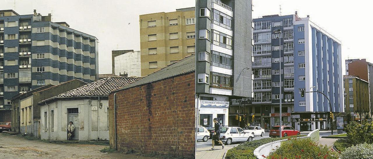 Dos fotografías de la calle Morón, en 1981 (izquierda) y 2017.