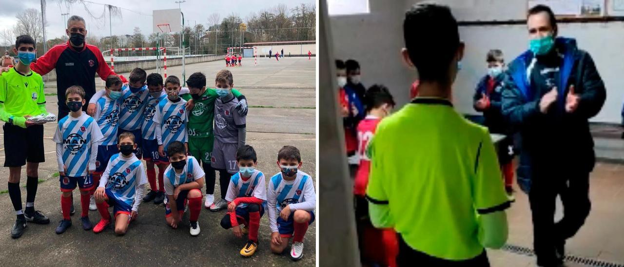 Adrián Rodríguez posa con el bizcocho junto a los benjamines de la UD Ourense. Los jugadores del Calasancio le cantaron &#039;Cumpleaños feliz&#039;.