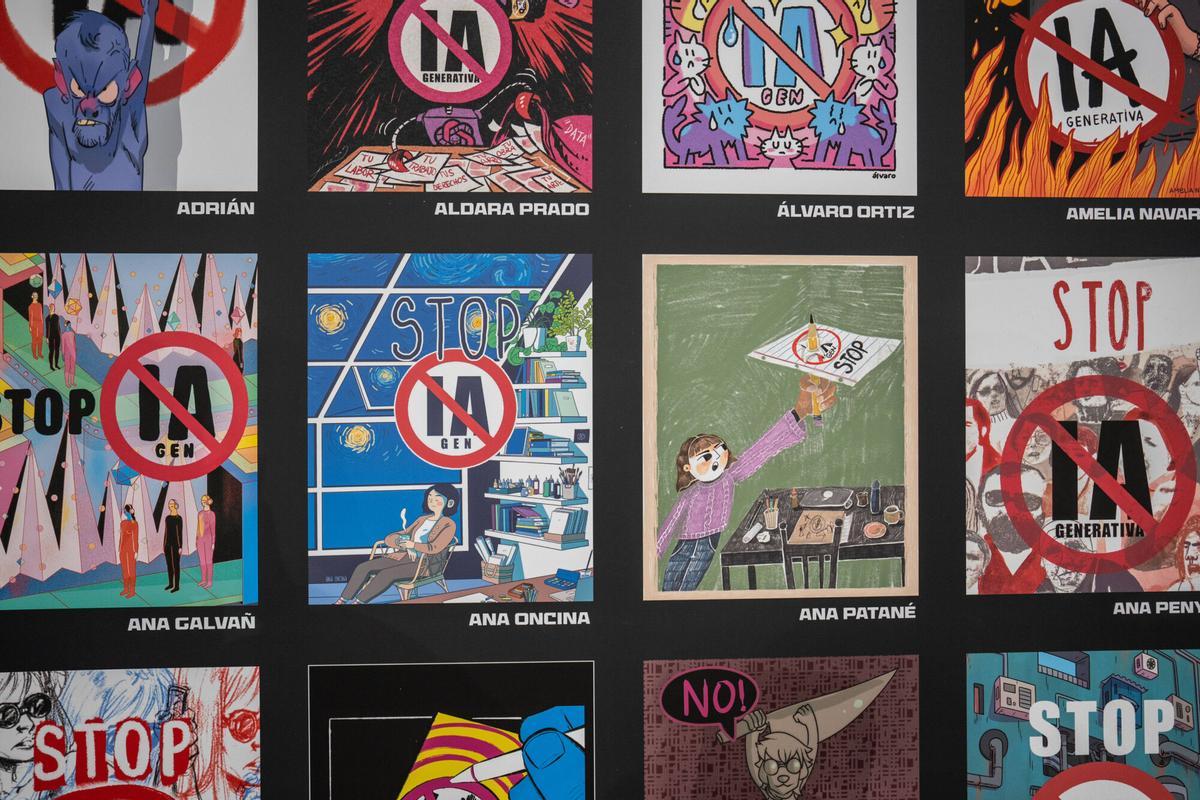 Exposición STOP IA, en el Cómic Barcelona, el día antes de abrir puertas.
