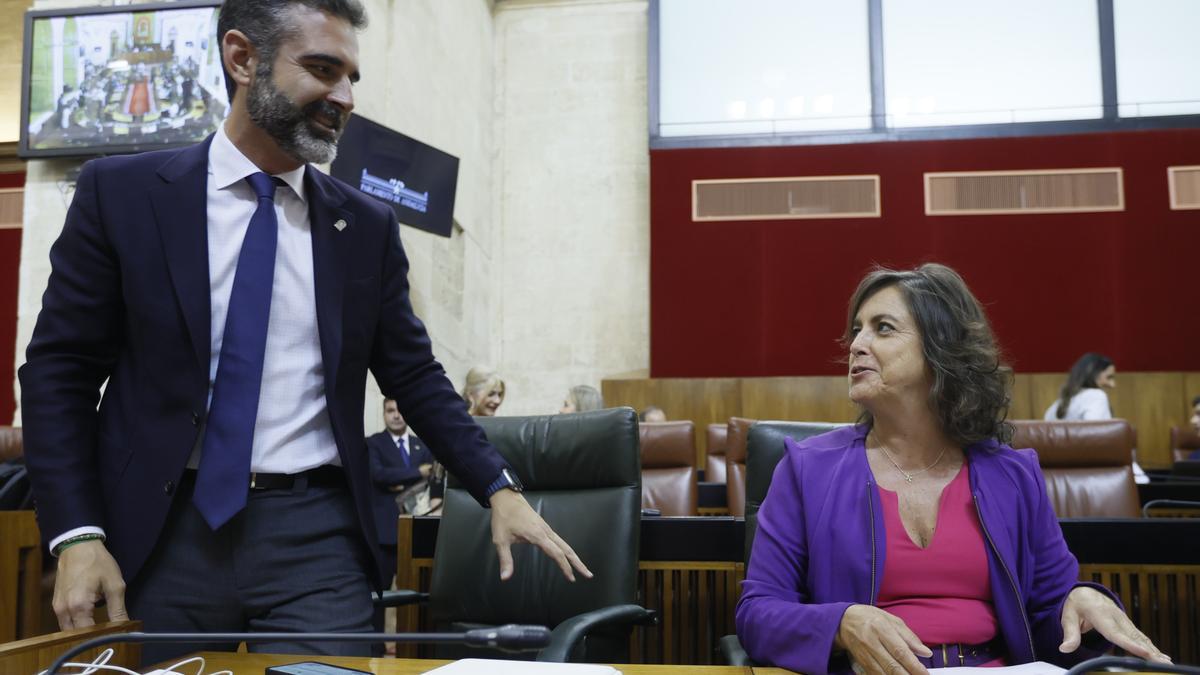 La consejera de Consumo y Salud, Catalina García y el portavoz del Gobierno y consejero de Sostenibilidad, Medio Ambiente y Economía Azul, Ramón Fernández-Pacheco, en el pleno del Parlamento andaluz donde se debatía la creación del Instituto de Salud de Andalucía