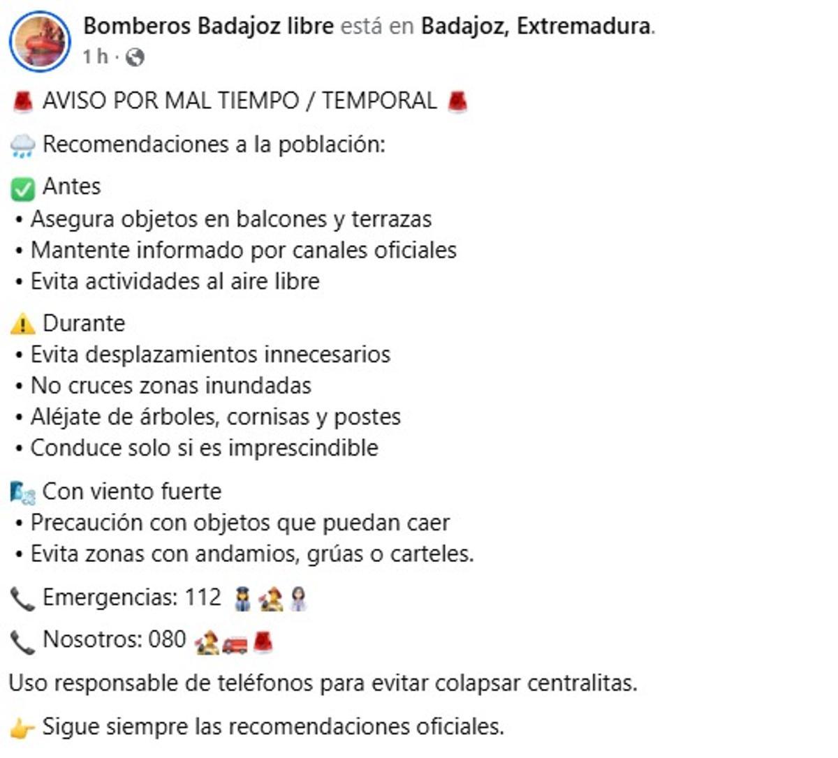 Publicación en redes sociales de los Bomberos de Badajoz