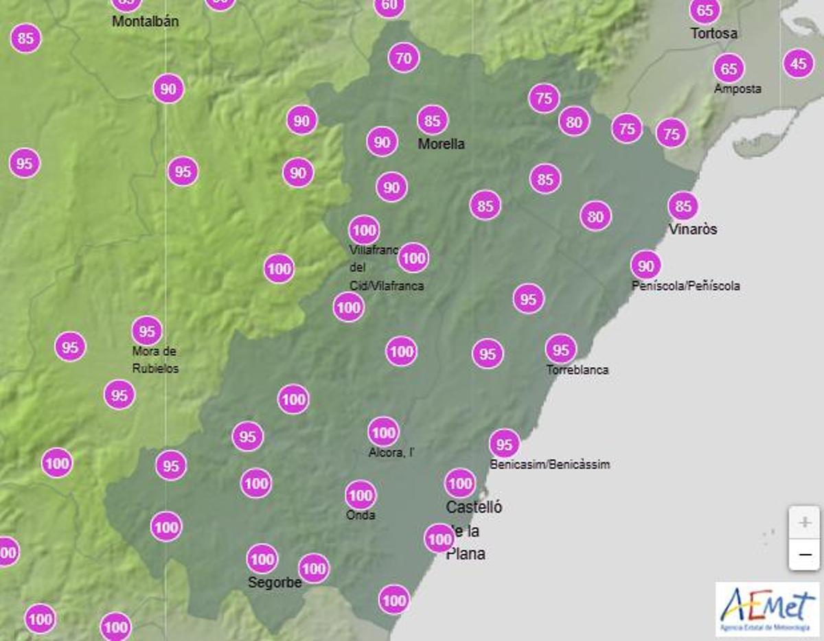 Probabilidad de lluvia en Castellón el lunes entre las 12.00 y las 118.00 horas.