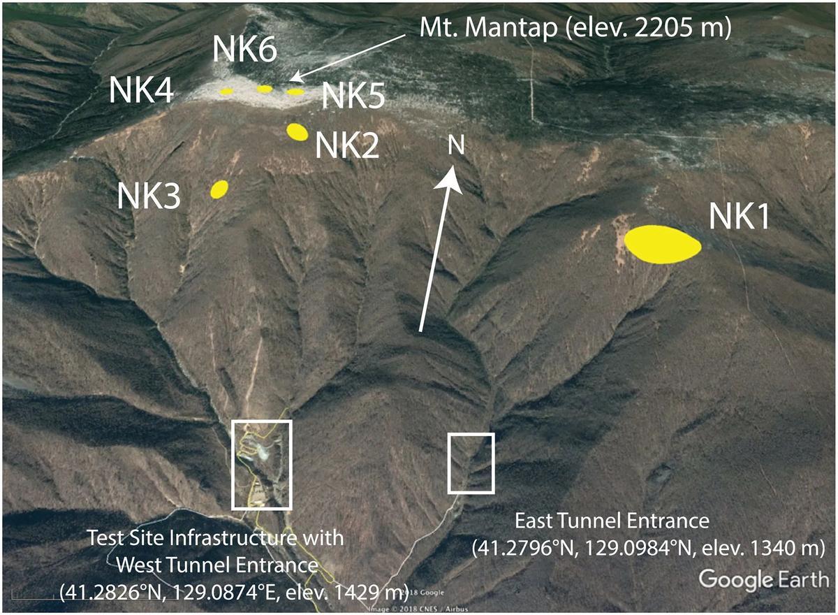 El monte Mantap y la ubicación estimada (de NK1 a NK6) de las seis últimas detonaciones subterráneas
