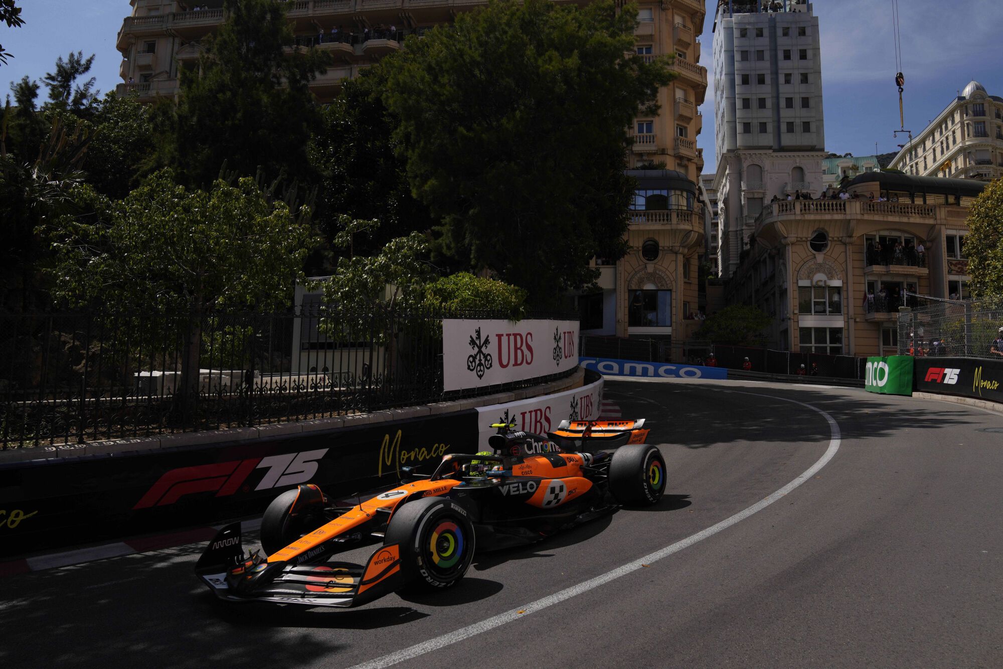 McLaren driver Lando Norris of Britain steers his car during the Formula One Monaco Grand Prix race at the Monaco racetrack in Monaco, Sunday, May 25, 2025. (AP Photo/Manu Fernandez) Associated Press/LaPresse. EDITORIAL USE ONLY/ONLY ITALY AND SPAIN