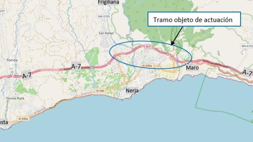 Mapa de las obras de rehabilitación de firme de un tramo de A-7 en Nerja y Frigiliana