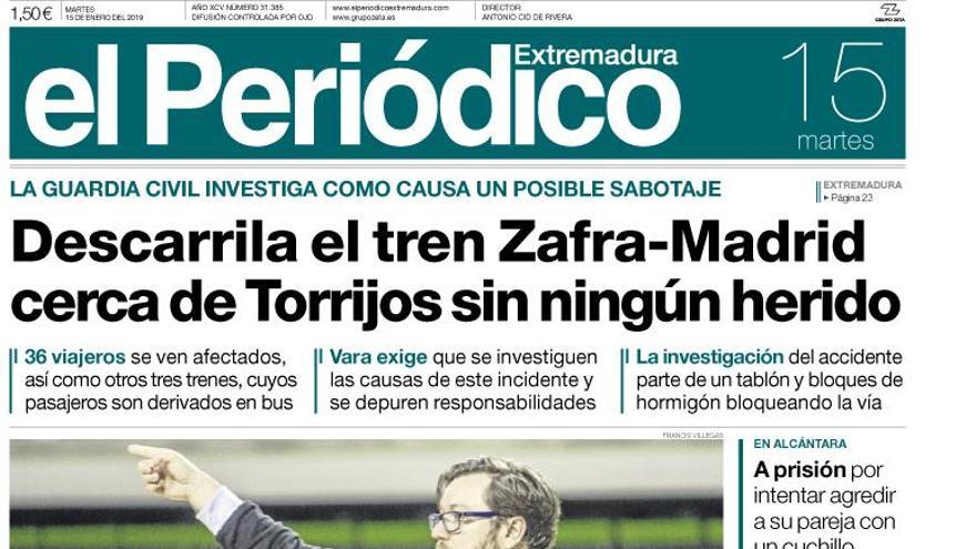 Esta es la portada de EL PERIÓDICO EXTREMADURA correspondiente al día 15 de enero del 2019