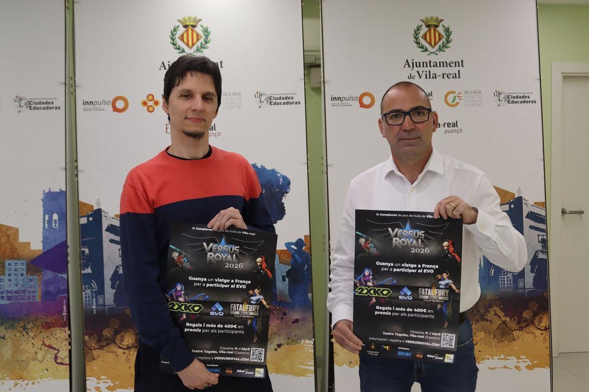 El representante de la organización del evento, Daniel Segarra; y el edil de Deportes de Vila-real, Xus Madrigal, han presentado el certamen de juegos de lucha. Segarra i Xus Madrigal