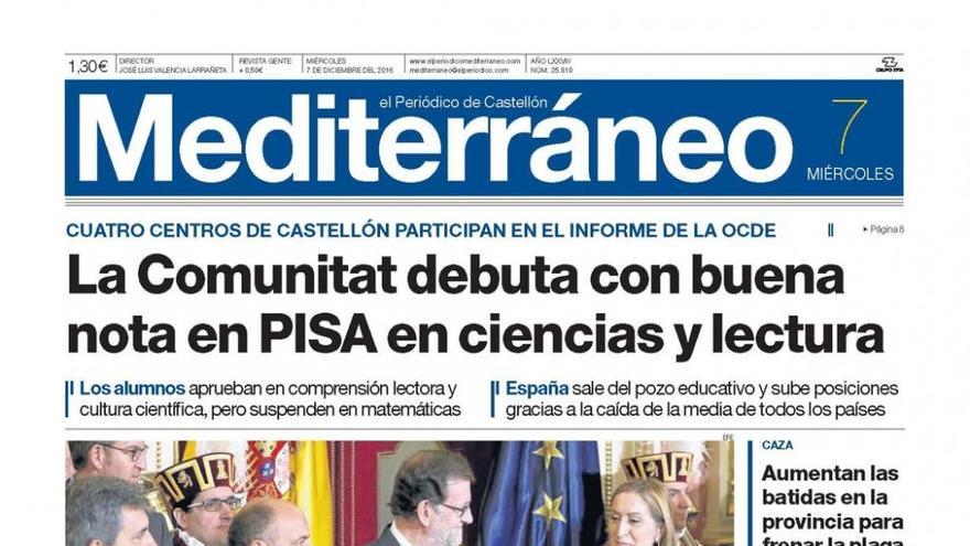 La Comunitat debuta con buena nota en PISA en ciencias y lectura, hoy en la portada de Mediterráneo