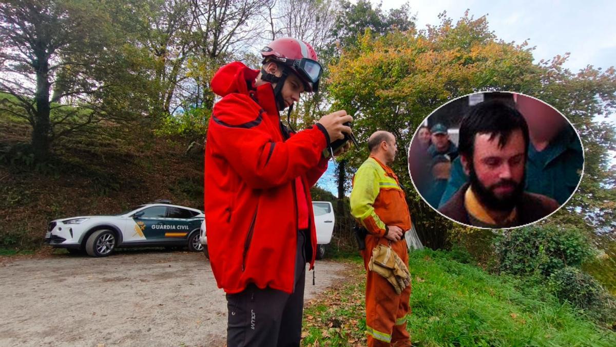 Efectivos de emergencias en el rastreo activo por los montes de Tineo para buscar a Tomasín. En el recuadro, una imagen del desaparecido en 2011, cuando fue detenido tras su fuga.