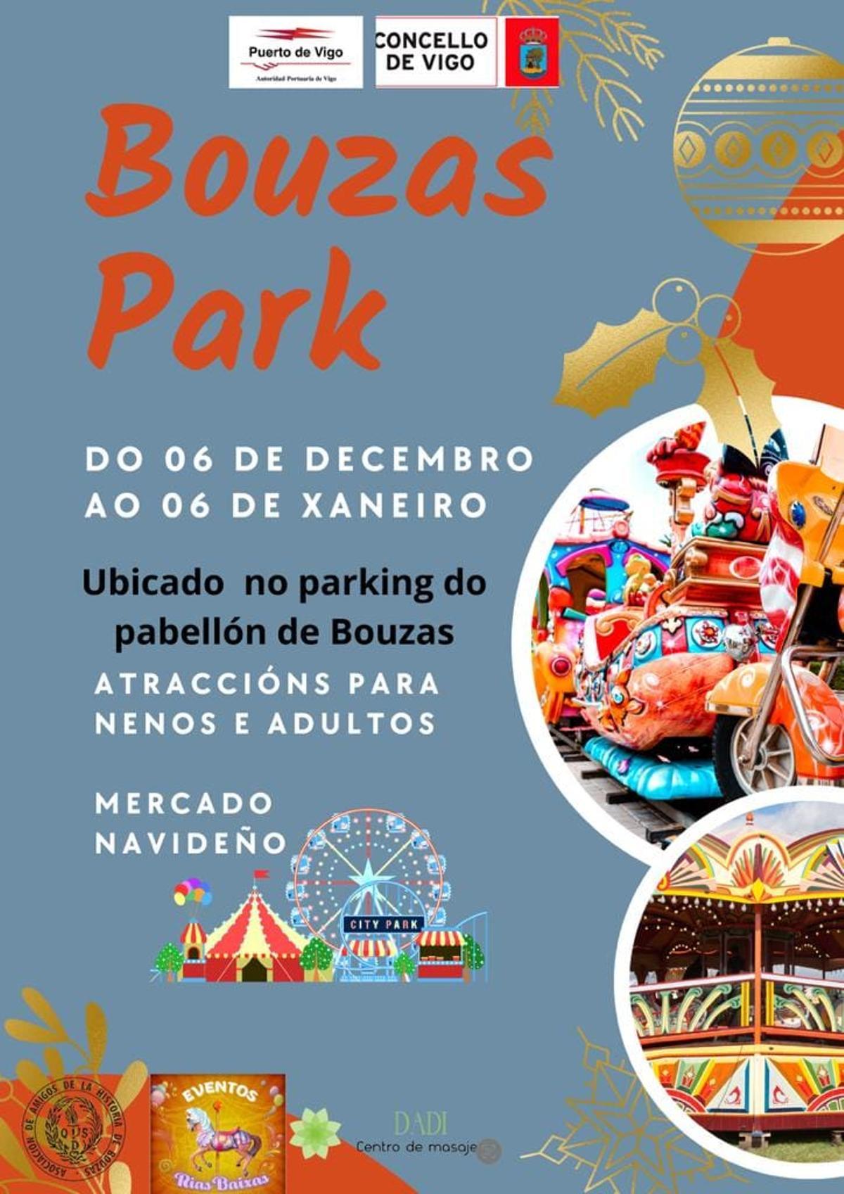 Cartel promocional del parque de atracciones de Navidad en Bouzas.