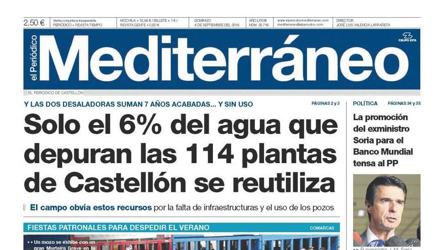 Solo el 6% del agua que depuran las 114 plantas de Castellón se reutiliza, hoy en la portada de El Periódico Mediterráneo
