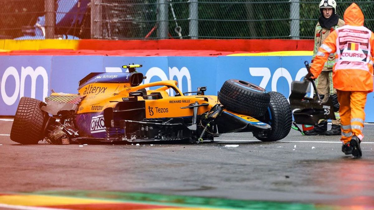 El McLaren de Norris, tras el accidente en Spa