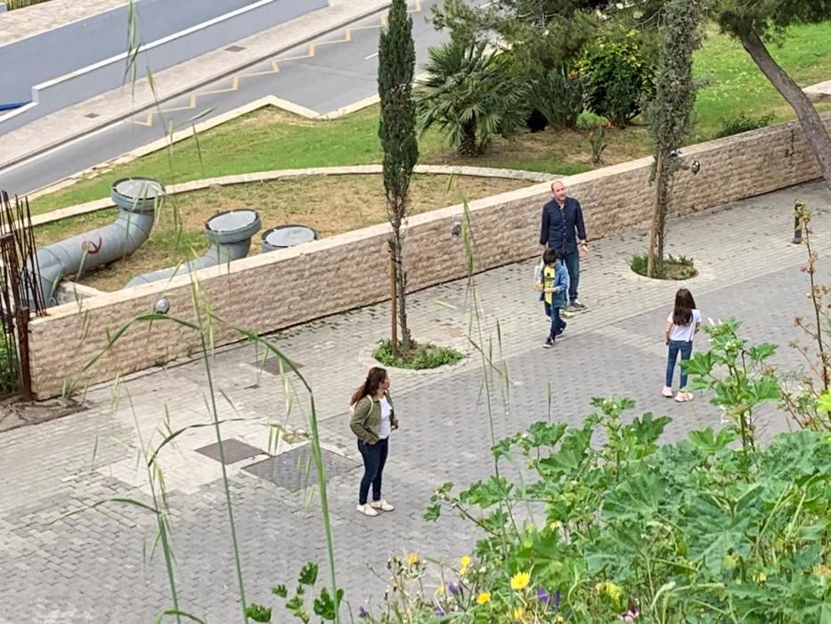 Muchos padres han elegido el monte de Gibralfaro para dar su primer paseo con sus hijos tras más de un mes de confinamiento.