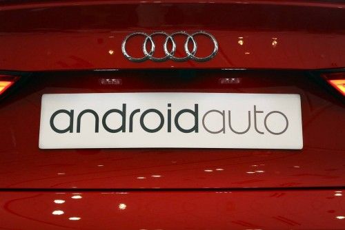 Android Auto license plate is seen at the Android Auto booth at the Google I/O developers conference in San Francisco