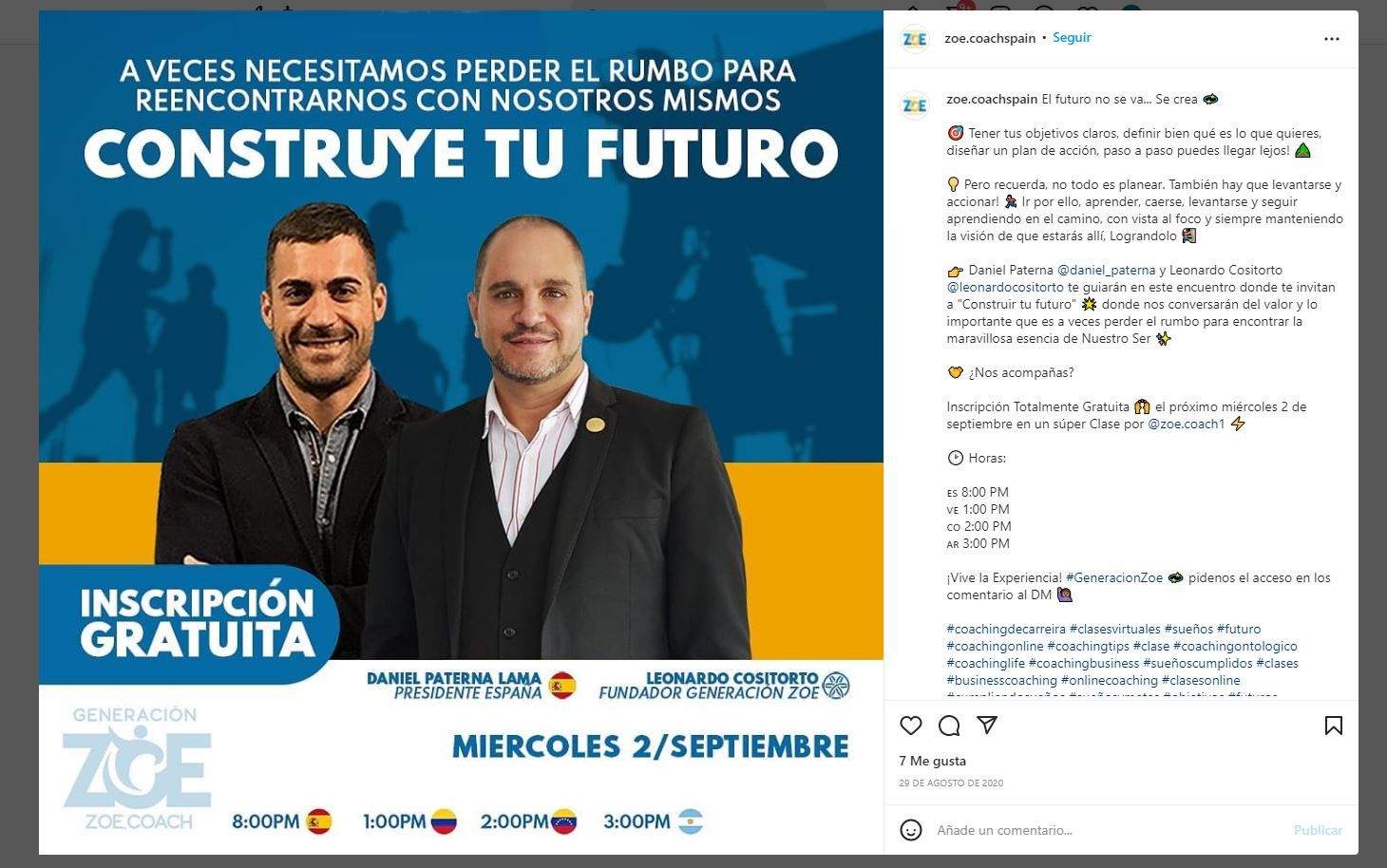 Daniel Paterna y Leonardo Cositorto en una publicación de la cuenta de Zoe Coach España, ya borrada