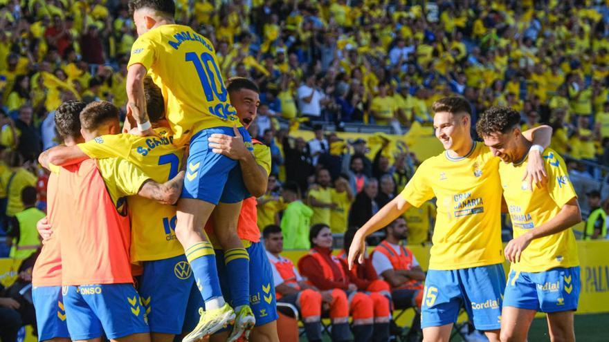 Los jugadores de la UD Las Palmas celebran el gol de Javi Muñoz al Real Madrid el pasado 27 de enero en el Gran Canaria.