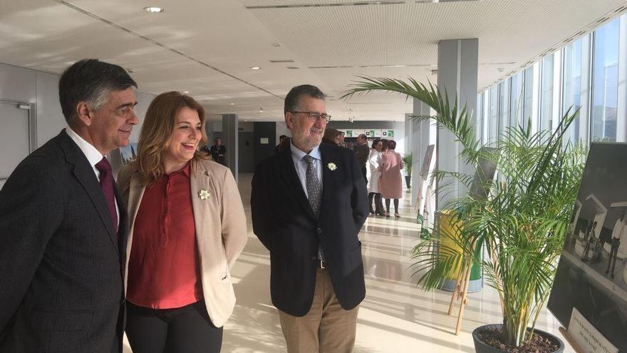 El gerente, la delegada y el presidente de la AECC, visitan la exposición en el hospital.