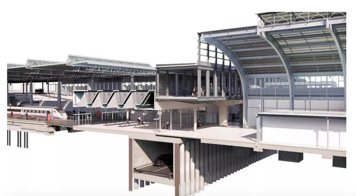 Sección de la obra de la intemodal, con la pasarela peatonal en medio