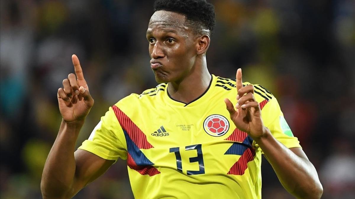 Yerry Mina celebrando uno de sus tres goles en el Mundial de Rusia