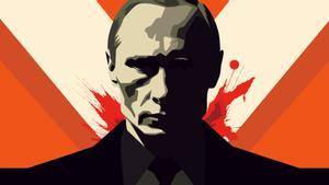 A simple graphic portrait of the President of the Russian Federation Putin on a red banner. war. Vector illustration