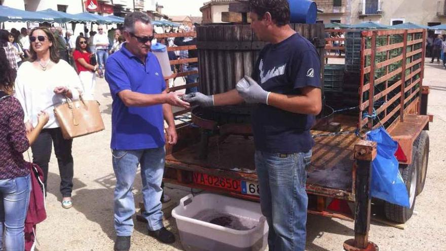 Dos momentos de la fiesta de la vendimia, con un visitante probando el vino y a la derecha un puesto con variedades de uva