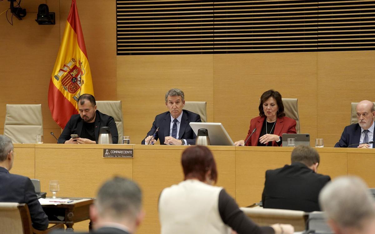 Alberto Núñez Feijóo, durante su comparecencia en la comisión de investigación de la Dana en Valencia, en el Congreso de los Diputados.