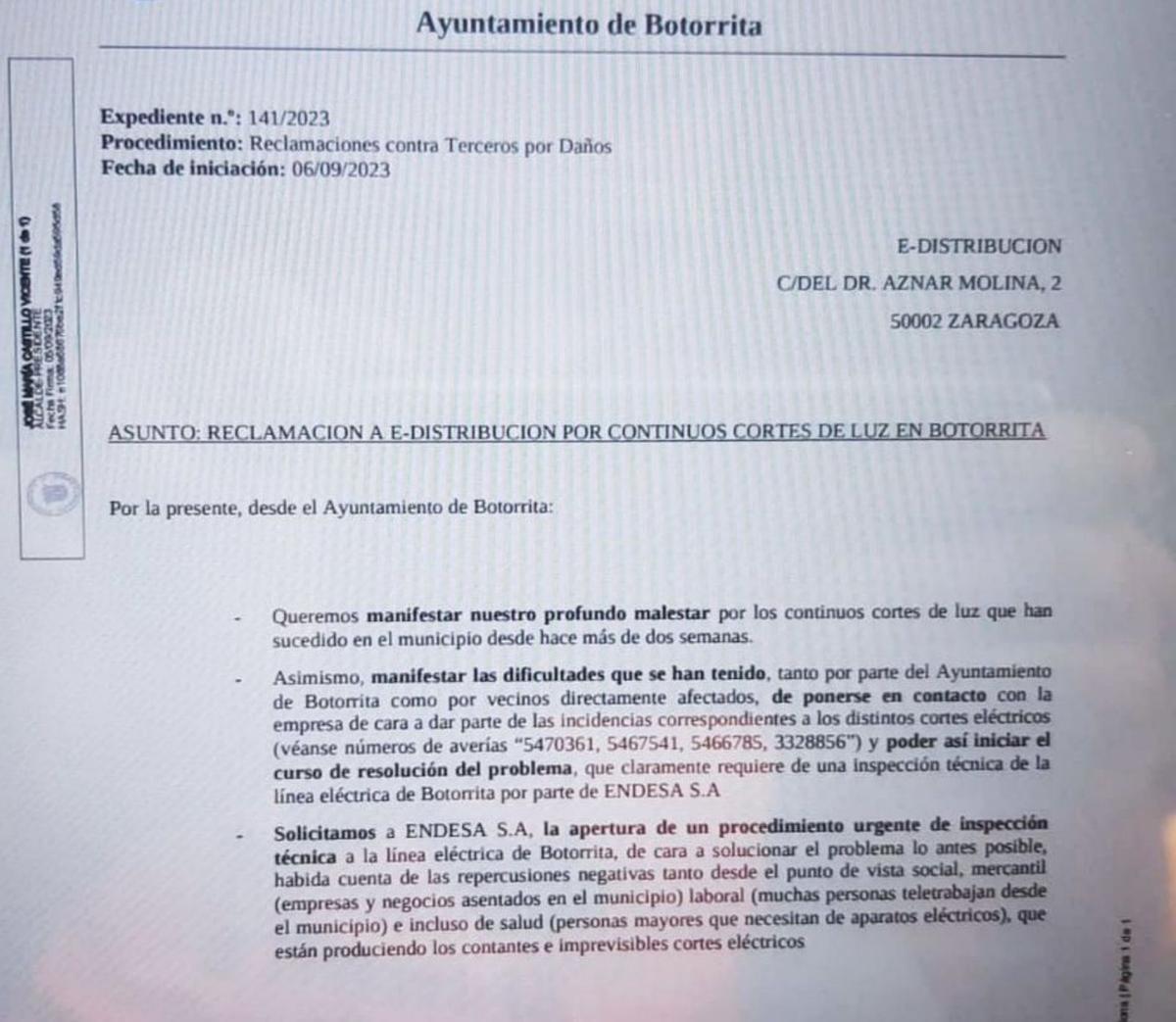 Carta de reclamación 8 Misiva enviada por el Ayuntamiento de Botorrita.  | AYUNTAMIENTO DE BOTORRITA