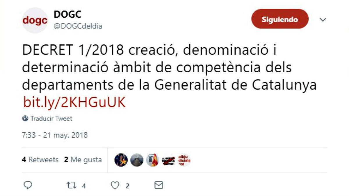 Tuit de la cuenta oficial de DOGC anunciando la publicación del decreto de competencias de las 'conselleries'.