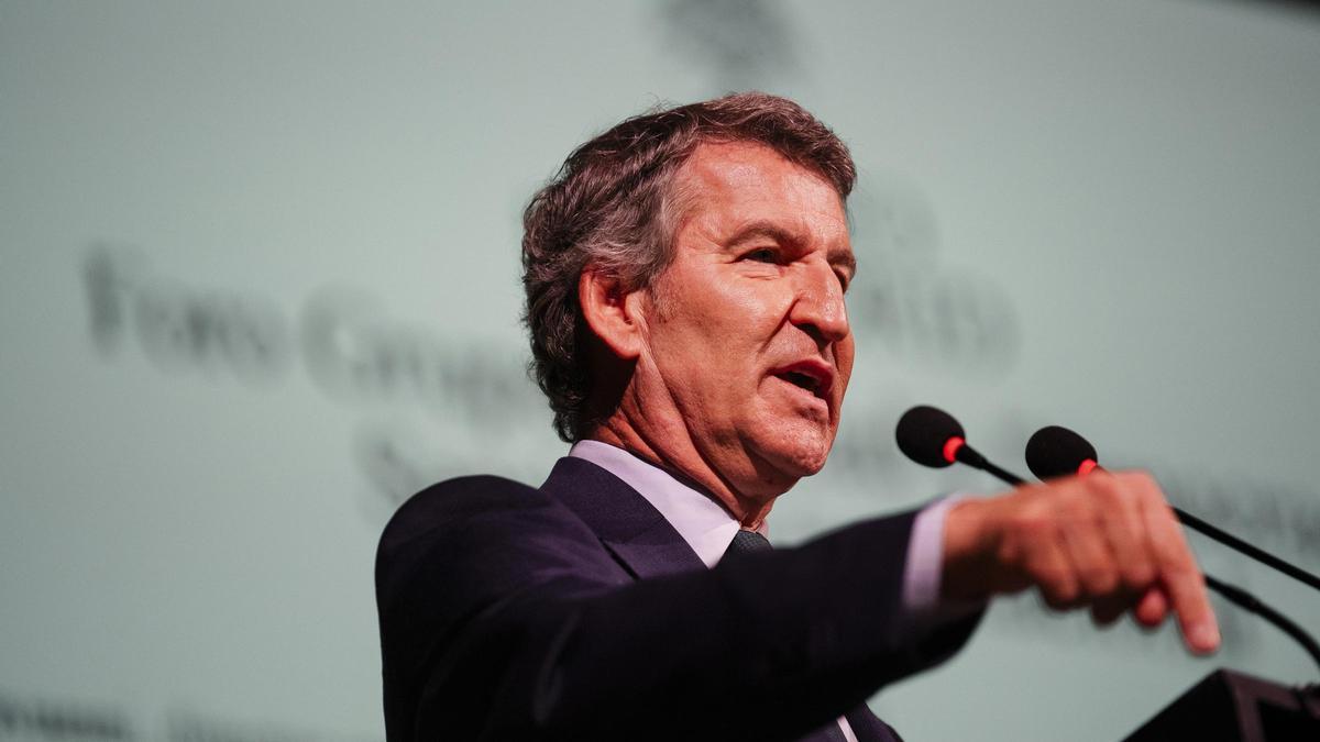 El presidente del PP, Alberto Núñez Feijóo, interviene en una mesa redonda durante el Foro Grupo Libertad y Democracia.