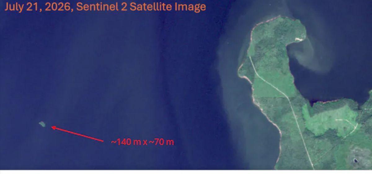 Datos satelitales muestran la ubicación y el tamaño de una isla flotante hallada en el embalse del lago Williston, en el norte de Columbia Británica.