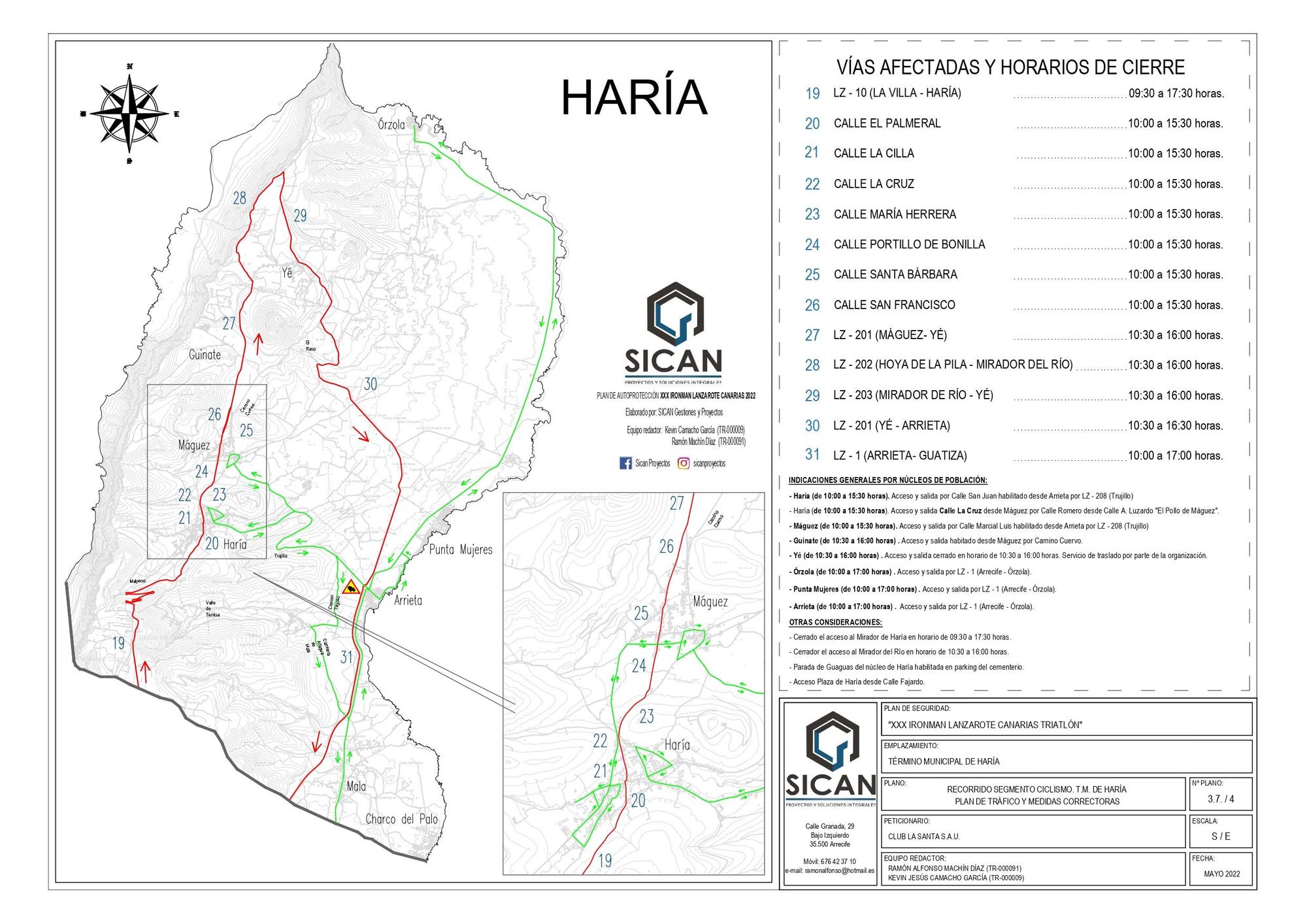 Tramos de carreteras afectados en Haría.