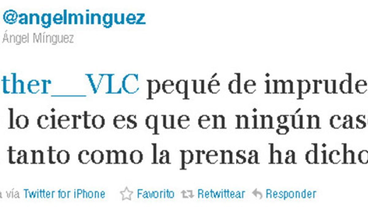 El mensaje en que Ángel Mínguez admite su imprudencia, publicado este lunes.