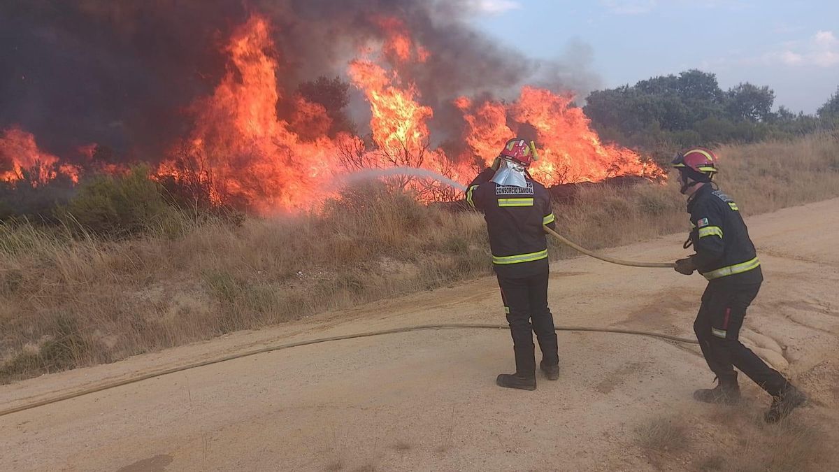 Javier Faúndez sujetando la punta de la manguera, con un compañero del Consorcio detrás, en el incendio de Molezuelas.