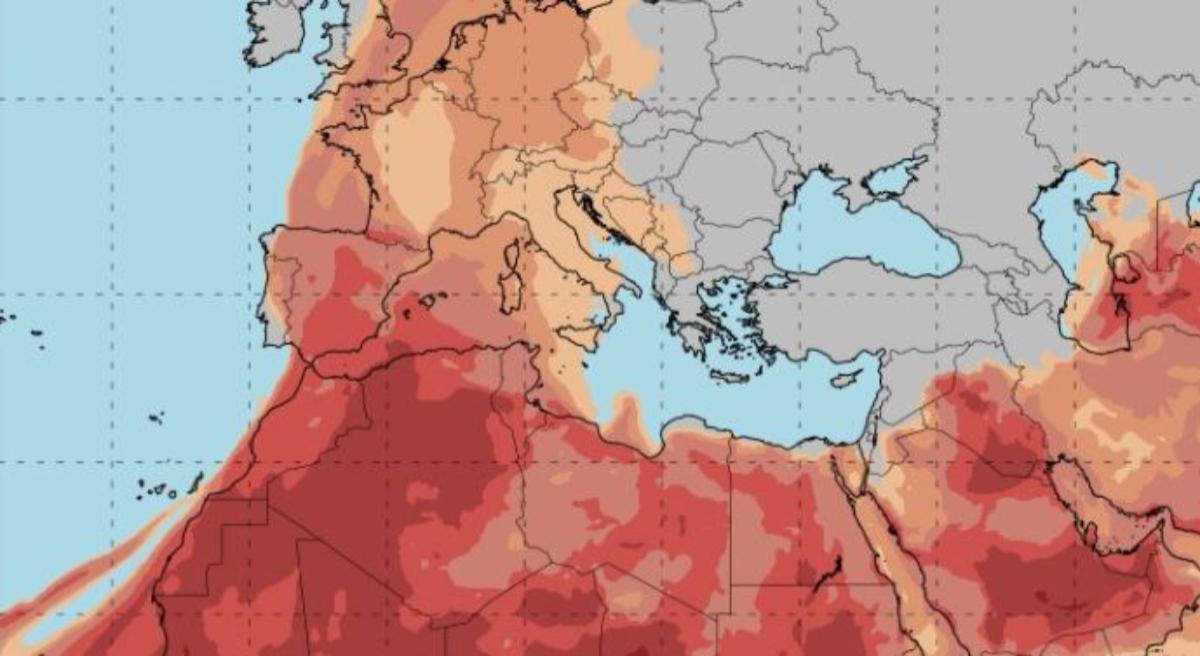 Previsión de las concentraciones de polvo en suspensión previstas para la madrugada del domingo.