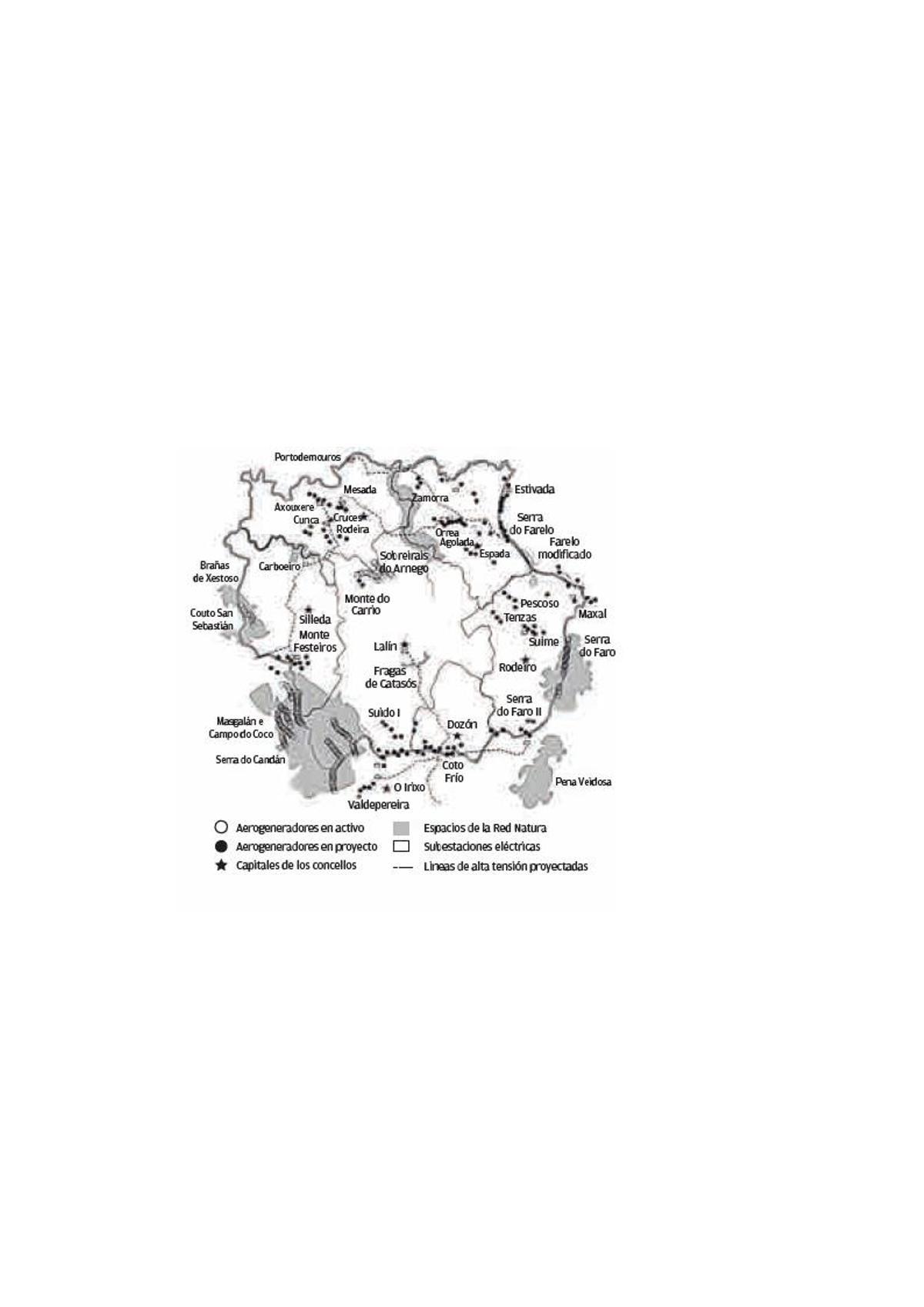 Eólicos de Serra do Candán y un gráfico de la red eólica en Deza.   | BERNABÉ