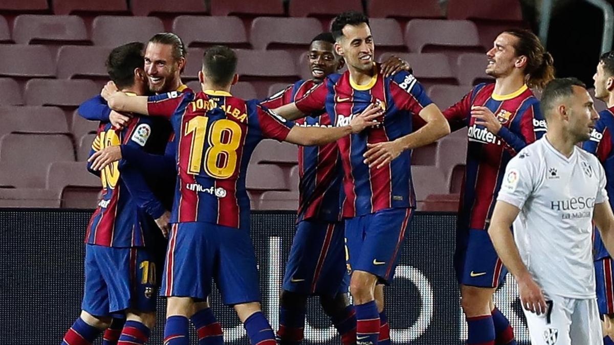 Òscar Mingueza celebra su primer gol como jugador del Barça