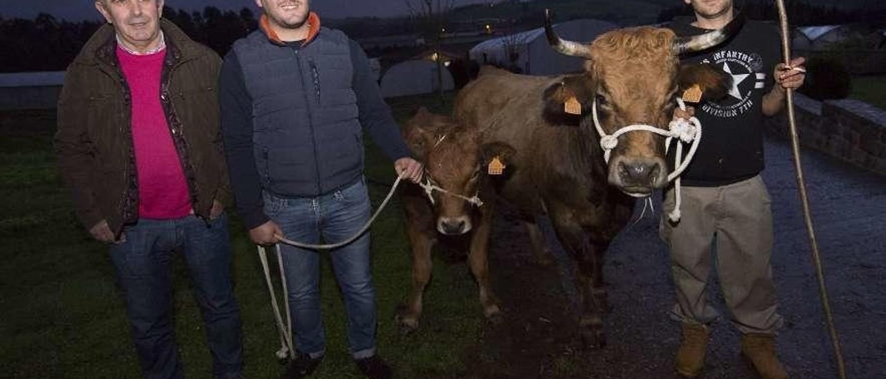 El presidente de la asociación de vecinos, José Manuel Álvarez, junto a Ricardo García y José Francisco García, con las xatas &quot;Galana&quot; y &quot;Mimosa&quot;, en la ganadería gozoniega de Casa Bartuelo.